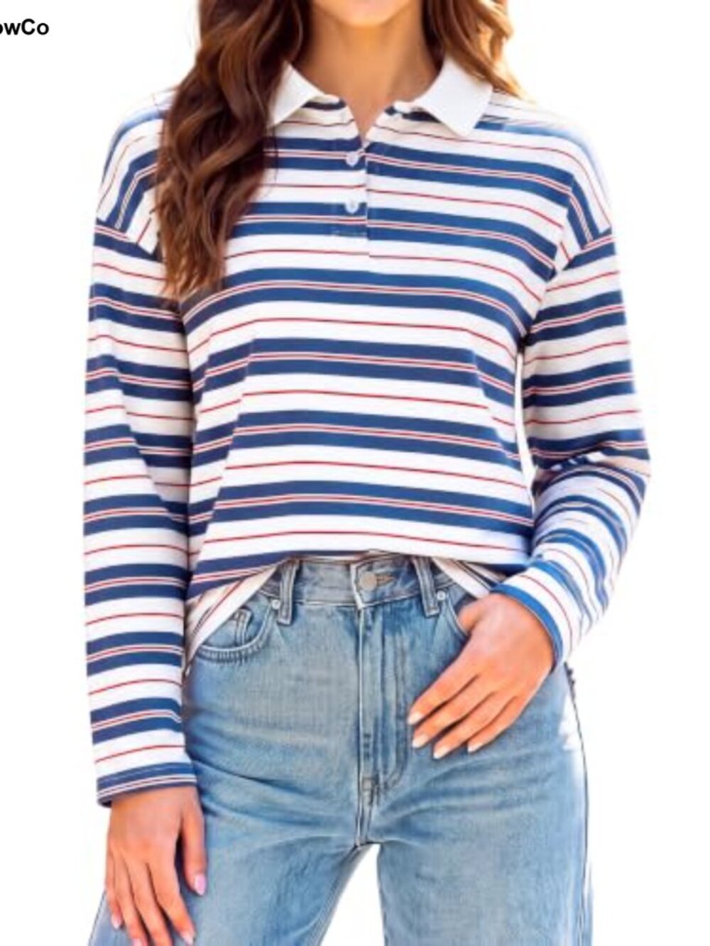 Striped Long Sleeve Rugby Polo Shirt Women Y2K Oversized Cotton Blend Preppy Top